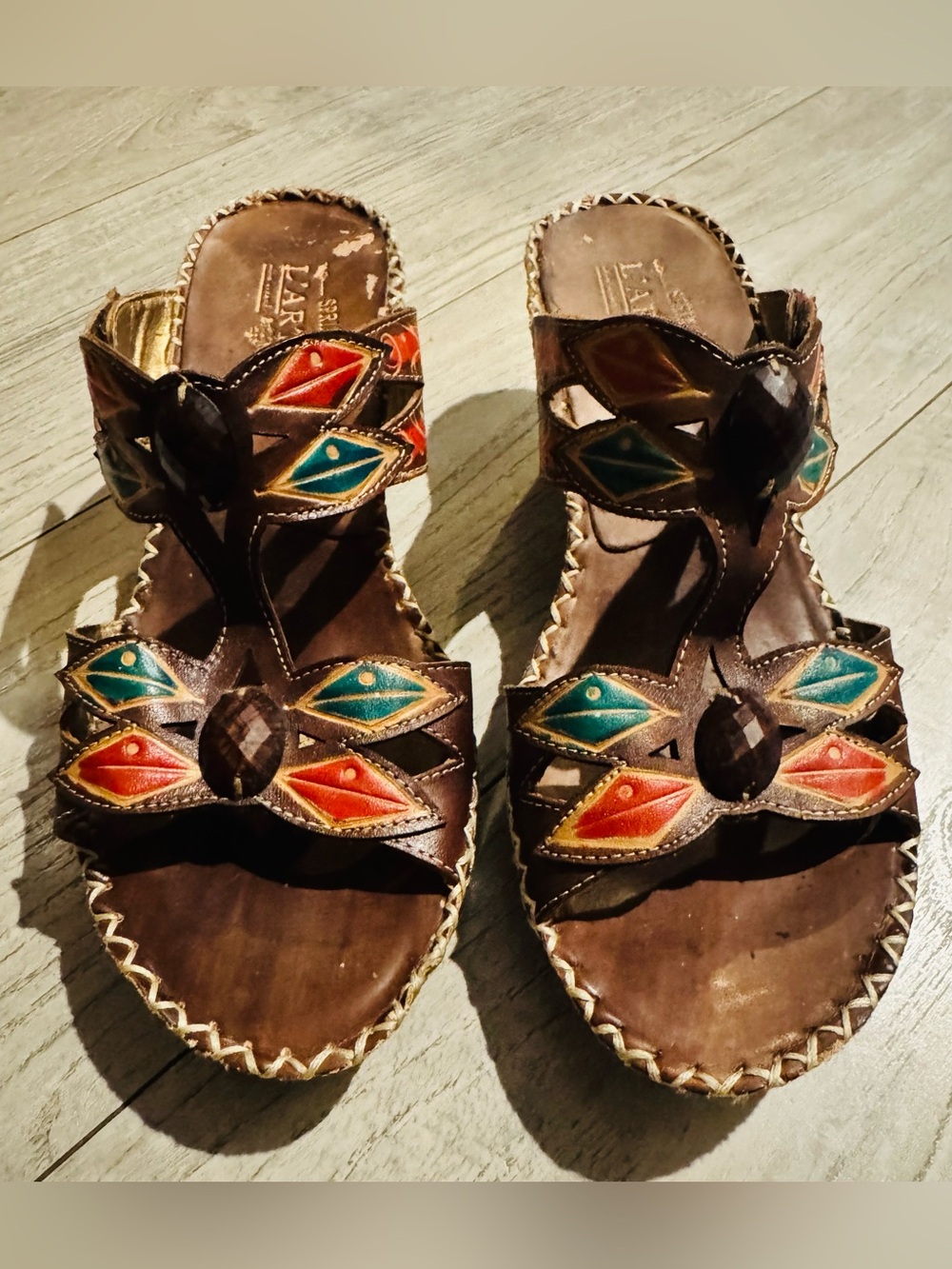 Spring Step L’artiste Brown Leather Slide Sandals with Teal & Coral Accents